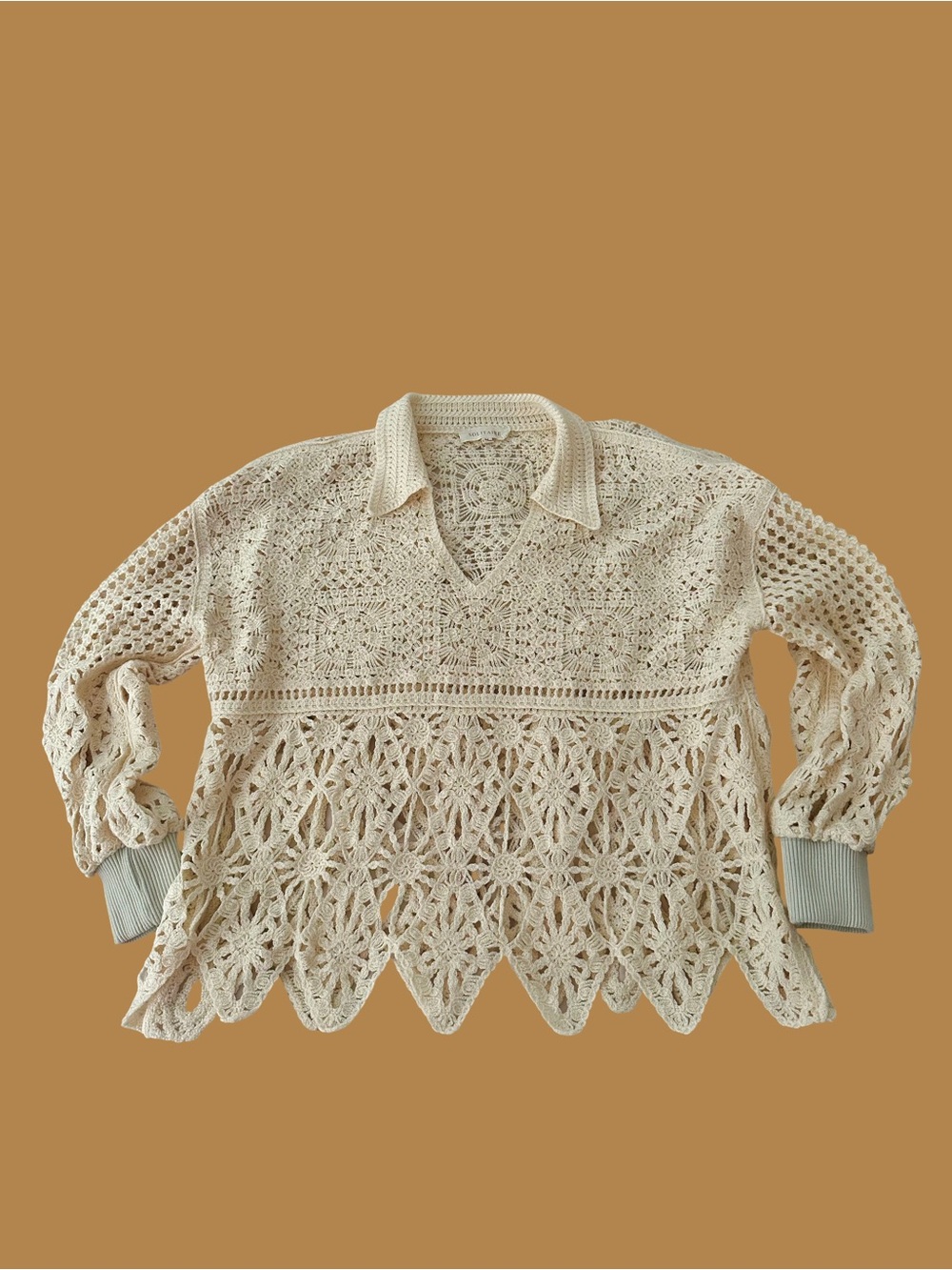 Solitaire Cream Crochet Collared Knit Sweater